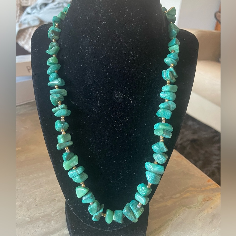 Vintage Chunky Green Stone Nugget Necklace with Gold Tone Accents
